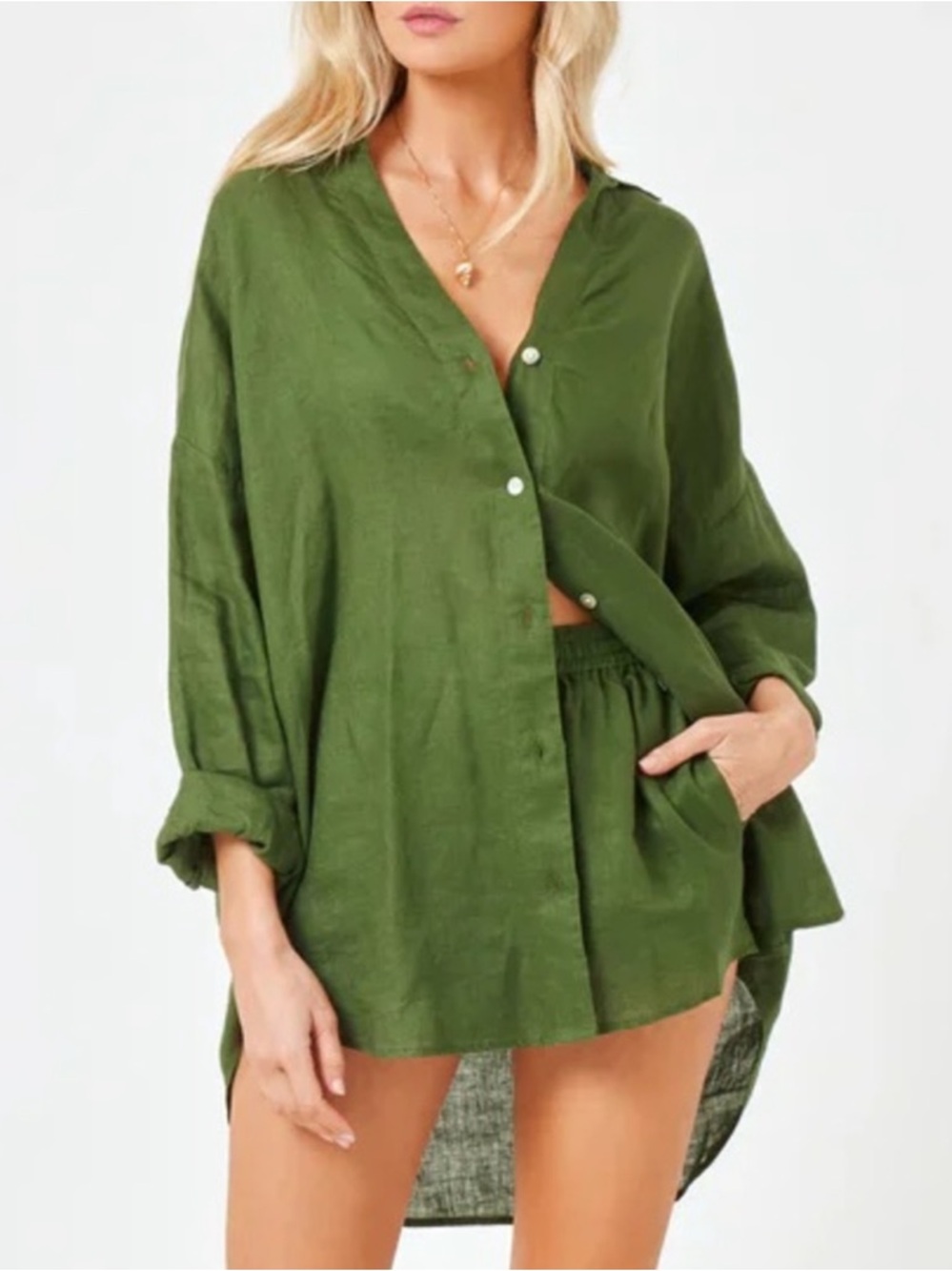 l*space Rio Linen Olive Green Button-Down Shirt